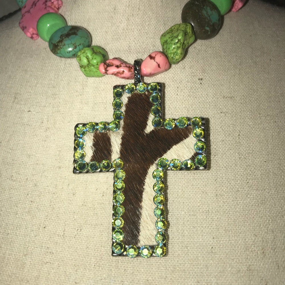 Beautiful multi colored zebra cross necklace
